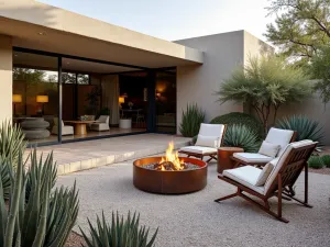 Desert Modern Fire Pit Retreat - A contemporary gravel patio with a cor-ten steel fire pit, featuring modern lounge chairs, surrounded by sculptural succulents and desert plants