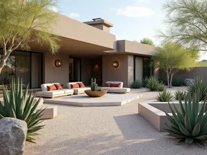 Desert Modern Gravel Oasis - Contemporary desert patio with light-colored gravel, featuring geometric concrete seating and dramatic succulents and agave plants