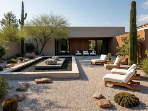 Desert Modern Gravel Patio - Contemporary desert-inspired gravel patio featuring angular concrete seating, sculptural cacti and succulents, and a modern water feature with weathered steel details