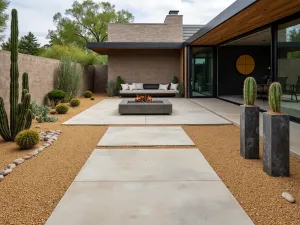 Desert Modern Slab Garden - Large concrete slabs with golden desert gravel, featuring architectural cacti, weathered steel planters, and a modern fire pit area