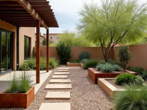 Desert Oasis Gravel Garden - A southwestern-style pea gravel patio featuring desert-adapted plants, cor-ten steel planters, and a modern pergola providing dappled shade