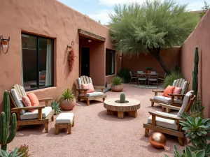 Desert Rose Quartz Patio - A southwestern-style patio featuring pink rose quartz gravel, desert succulents, weathered wooden furniture, and copper accents