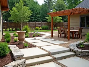 Eco-Friendly Permeable Paver Patio - Recycled concrete pavers with stabilized decomposed granite, featuring native plantings and sustainable furniture