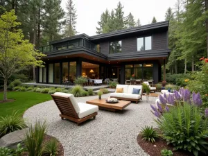 Eco-Modern Gravel Sanctuary - Sustainable modern gravel patio featuring recycled materials, native plantings, modern furniture made from reclaimed wood, and butterfly-friendly perennials