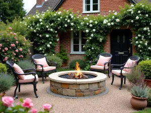 English Country Fire Pit Garden - A romantic gravel patio featuring a traditional stone fire pit, surrounded by iron garden furniture, with climbing roses and cottage garden flowers