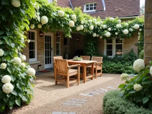 English Country Gravel Garden - A traditional English country pea gravel patio with weathered stone walls, climbing hydrangeas, and classic teak garden furniture