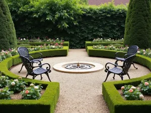 English Garden Gravel Circle - Circular gravel patio with heritage rose borders, classic iron garden furniture, and limestone gravel. Symmetrical box hedging creates structure with central sundial feature