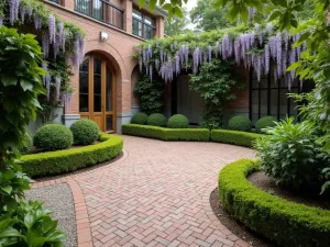 English Garden Gravel Terrace - Reclaimed brick pavers with fine gravel infill, surrounded by boxwood hedges and climbing wisteria