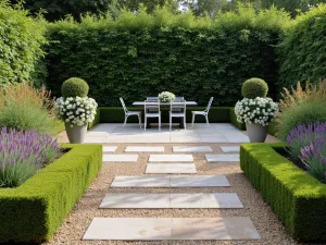 English Garden Stone Path - Reclaimed yorkstone slabs set in fine gravel, bordered by classic box hedges and flowering perennials, with wrought iron furniture