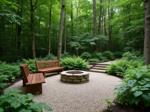 Forest Edge Fire Pit Retreat - A naturalistic gravel patio with a stone fire pit, wooden benches, surrounded by shade-loving woodland plants and ferns