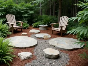 Forest Edge Woodland Patio - Natural stone slabs set in pine needle mulch and fine gravel, surrounded by ferns and shade plants, with rustic wooden furniture