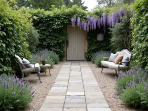 French Country Gravel Courtyard - Antique limestone pavers mixed with crushed limestone gravel, featuring lavender borders, vintage metal furniture, and climbing wisteria