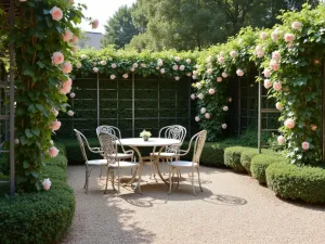 French Country Gravel Terrace - Elegant French country gravel patio with antique bistro set, surrounded by boxwood hedges and climbing roses on iron trellises