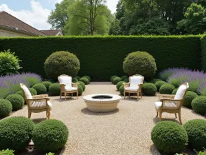 French Provincial Fire Pit Garden - An elegant gravel patio featuring a limestone fire pit, formal boxwood hedges, lavender borders, and classic French garden furniture