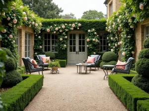 French Provincial Gravel Terrace - An elegant French-inspired pea gravel terrace with formal boxwood hedges, climbing roses, and classic wrought iron furniture