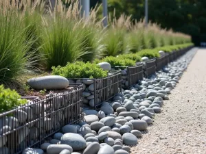 Gabion Wire Edge Detail - Modern gabion wire baskets filled with river rocks creating an industrial edge around light gravel, with ornamental grasses softening the look