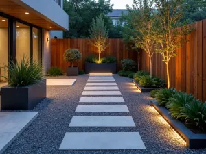 Geometric Modern Gravel Design - Bold geometric gravel patio with alternating colored gravels, contemporary metal planters, and architectural plants, featuring modern LED strip lighting