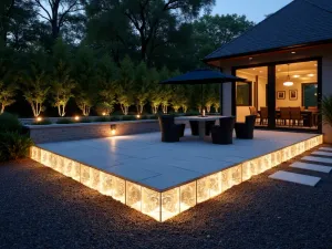 Glass Block Illuminated Edge - Modern glass blocks with integrated LED lighting creating a glowing edge around dark gravel patio, contemporary design with minimal plantings