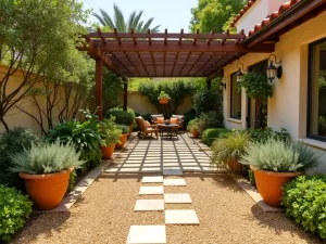 Golden Granite Gravel Garden - A warm-toned patio with golden granite gravel, Mediterranean herbs, terra cotta planters, and wooden pergola