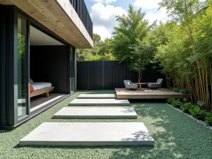 Green Glass Modern Zen - A zen-modern fusion patio with recycled green glass gravel, black bamboo, minimal concrete seating, and water features