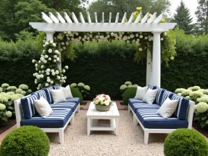 Hamptons-Style Gravel Retreat - Elegant crushed shell and gravel patio with classic white pergola, navy and white striped cushions, and climbing white roses. Bordered by boxwood hedges and hydrangeas