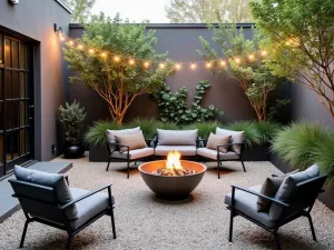 Industrial Chic Fire Pit Lounge - An urban gravel patio with a metal fire bowl, featuring industrial-style furniture, string lights, and container gardens with architectural plants