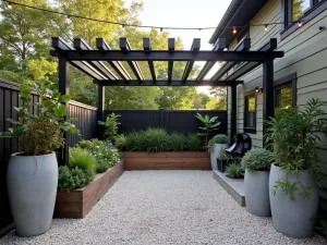 Industrial Chic Gravel Courtyard - An urban industrial pea gravel patio with steel pergola, string lights, and large concrete planters filled with architectural plants