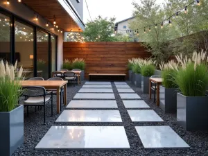 Industrial Chic Gravel Lounge - Polished concrete squares set in dark gravel, with metal and wood furniture, string lights, and tall ornamental grasses in steel planters