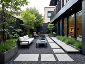 Industrial Chic Gravel Space - Urban industrial-style gravel patio with metal grid panels, concrete blocks, and architectural plants. Dark granite gravel contrasts with steel furniture and planters