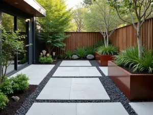 Industrial Modern Gravel Court - Large-format concrete pavers with dark basalt gravel joints, surrounded by cor-ten steel planters with architectural plants