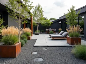 Industrial Modern Gravel Space - Urban gravel patio with cor-ten steel planters, modern lounge furniture, and architectural grasses, featuring dark gray gravel