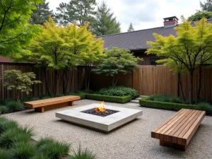 Japanese Inspired Fire Pit Garden - A zen-like gravel patio featuring a square concrete fire pit, surrounded by low profile wooden benches, with Japanese maples and bamboo screens creating privacy