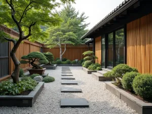 Japanese Zen Gravel Garden - A serene Japanese-inspired pea gravel patio with carefully placed stepping stones, bamboo screens, and cloud-pruned bonsai trees