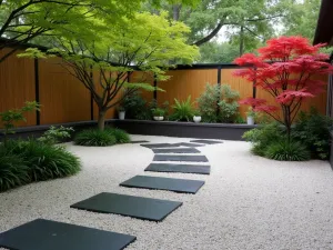 Japanese-Inspired Gravel Garden Patio - Zen-like patio with dark slate pavers floating in a sea of raked white gravel, featuring bamboo screens and Japanese maple trees