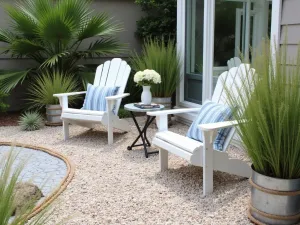 Maritime Garden Retreat - Light-colored gravel patio featuring nautical rope details, white Adirondack chairs, and blue striped cushions. Surrounded by hardy succulents and beach grass in galvanized metal containers