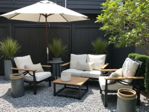 Maritime Industrial Patio - Dark gray gravel patio with industrial metal furniture, rope details, and galvanized planters filled with coastal grasses. Features vintage nautical lighting