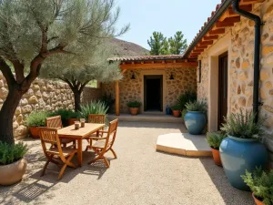 Mediterranean Beach Patio - Warm beige gravel patio with natural stone walls, featuring rustic wooden furniture and blue ceramic pottery. Surrounded by olive trees and Mediterranean herbs