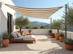 Mediterranean Coastal Courtyard - Light limestone gravel patio with whitewashed walls, featuring terracotta pots filled with olive trees and rosemary. Blue and white striped canvas shade sail overhead