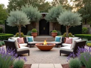 Mediterranean Style Fire Pit Courtyard - An elegant gravel patio with a terra cotta fire bowl, surrounded by Mediterranean-style pottery and cushioned wicker seating, with potted olive trees and lavender borders