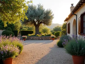 Mediterranean Gravel Courtyard - A serene Mediterranean-style gravel patio with lavender borders, terracotta pots, and a central olive tree, captured in warm evening light