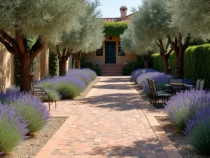 Mediterranean Gravel and Terracotta Paver Patio - Warm terracotta pavers set in a herringbone pattern within light Mediterranean gravel, surrounded by lavender beds and olive trees, with wrought iron furniture