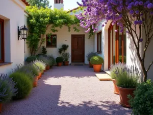 Mediterranean Lavender Gravel Patio - A sunny Mediterranean-style patio with purple and gray gravel, surrounded by blooming lavender bushes, terracotta pots, and whitewashed walls, photographed in warm afternoon light