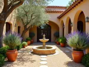 Mediterranean Pea Gravel Courtyard - A sun-drenched Mediterranean-style courtyard with honey-colored pea gravel, terracotta pots filled with lavender and olive trees, featuring a rustic stone fountain