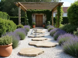 Mediterranean Slab Stepping Stones - Large irregular limestone slabs creating a pathway through white pebble gravel, bordered by lavender and rosemary, with terracotta pots and a rustic wooden pergola