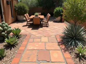 Mediterranean Terracotta Border - Aged terracotta tiles laid vertically as patio edging, surrounded by drought-tolerant Mediterranean plants and warm-toned gravel