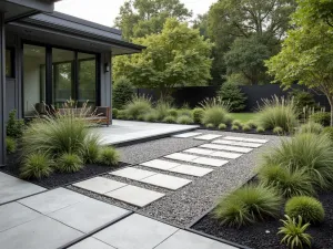 Metal Edge Contemporary Design - Sleek steel edging creating clean lines around a modern gravel patio, with ornamental grasses and succulents in geometric arrangements