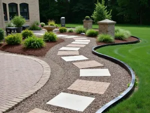 Mixed Material Border Design - Combination of brick, stone, and metal edging creating an artistic border around a gravel patio, with contemporary planting scheme