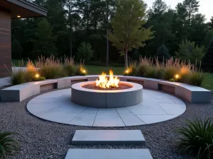 Modern Circular Fire Pit with Built-in Seating - A contemporary circular gravel patio featuring a sleek concrete fire pit surrounded by curved built-in benches, accented with geometric planters containing ornamental grasses, illuminated by modern low-voltage lighting