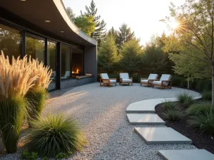 Modern Curved Pea Gravel Patio - A modern curved pea gravel patio with sleek concrete borders, featuring minimalist outdoor furniture and tall ornamental grasses, photographed at golden hour