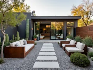 Modern Desert Gravel Retreat - Contemporary small gravel patio with angular Cor-ten steel planters, desert succulents, and geometric concrete pavers. Gray crushed granite creates clean lines with modern lounge furniture